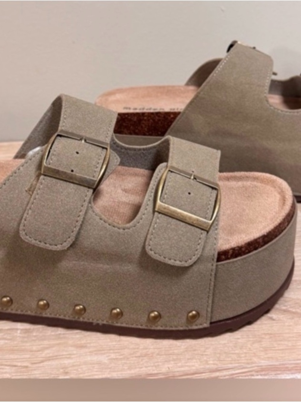 Womens Suede Double-Buckle Platform Sandals in Olive Steve Madden